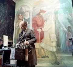 Magyarország, Budapest VI., Epreskert, Ruzicskay György festőművész műtermében, háttérben a Bánk Bán és Tiborc című műve., 1955, Aradi Péter, Szenczi Mária, színes, festészet, Budapest, műterem, képarány: négyzetes, festőkészlet, Fortepan #117507