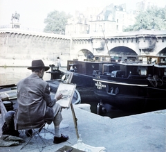 Franciaország, Párizs, Szajna-part, háttérben a Cité-szigetre vezető Pont Neuf, balra IV. Henrik francia király szobra., 1959, Aradi Péter, Szenczi Mária, színes, Fortepan #117541