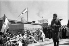 Ausztria, Mauthausen, az egykori koncentrációs tábor, Appellplatz (gyülekezőhely), emlékmű. Ünnepség a tábor felszabadulásának évfordulóján., 1959, Dán Zsuzsanna, egyenruha, osztrák katona, díszőrség, Fortepan #117688