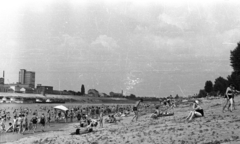 Magyarország, Szeged, partfürdő, háttérben a Felső-Tiszapart a Pick szalámigyárral., 1960, Fortepan/Album013, strand, folyó, folyópart, Fortepan #118133