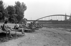 Magyarország, Szeged, partfürdő, háttérben a Belvárosi híd és a Fogadalmi templom., 1960, Fortepan/Album013, strand, híd, folyó, Tisza-híd, folyópart, Gustave Eiffel-terv, Feketeházy János-terv, Mihailich Győző-terv, Fortepan #118138