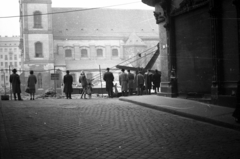 Magyarország, Budapest V., Molnár utca, szemben a Március 15. tér az Erzsébet híd építésekor, háttérben a Belvárosi templom., 1963, Fortepan/Album013, Budapest, Fortepan #118151