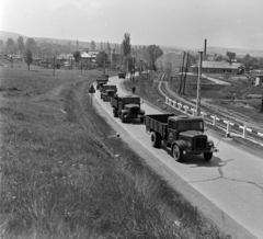 Magyarország, Nyergesújfalu, nyugati településrész, MHSz tanuló vezetők tehergépkocsi oszlopa a Sánc-hegyi kanyarban., 1965, MHSZ, teherautó, rendszám, Fortepan #118364