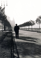 Magyarország, Budapest V., Széchenyi (Rudolf) rakpart a Margit híd felől nézve, háttérben a Parlament., 1937, Uj Nemzedék napilap, utcakép, fasor, lámpaoszlop, Budapest, Fortepan #118826