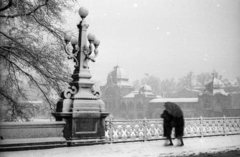 Magyarország, Városliget, Budapest XIV., a Műjégpálya épülete a Városligeti-tó feletti hídtól nézve., 1959, FSZEK Budapest Gyűjtemény / Sándor György, Sándor György, tél, hó, Budapest, Fortepan #118936