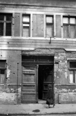 1957, FSZEK Budapest Gyűjtemény / Sándor György, Sándor György, house number sign, gate, damaged building, bullet hole, Fortepan #119028