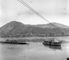 Hungary,Danube Bend, Nagymaros, Visegrád Nagymarosról nézve, előtérben a Nagymaros és Visegrád között közlekedő komp a Dunán., 1962, Dienes Balázs, Bulcsú ship, Fortepan #120338