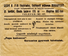 Magyarország, Budapest III., Lajos utca 126., Leon H. fia fényképész, festészeti műterme., 1926, Hanser Mária, műterem, fényképész, fényképtartó tasak, Budapest, reklám, Fortepan #120350