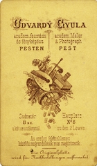 Magyarország, Budapest I., Széna tér 8., Udvardy Gyula festész és fényképész. A felvétel 1870-ben készült., 1900, Hanser Mária, műterem, fényképész, hátlap, Budapest, Fortepan #120596