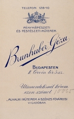 Magyarország, Budapest I., Corvin tér 5., Brunhuber Géza fényképészeti és festészeti műterme., 1915, Hanser Mária, műterem, fényképész, hátlap, Budapest, Fortepan #120628