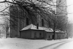 Magyarország, Budapest II., Felhévízi utca a Bécsi út felé nézve, Újlaki templom., 1960, Inkey Tibor, Budapest, kereszt_jelkép, hó, Fortepan #120729