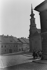 Magyarország, budai Vár, Budapest I., Bécsi kapu tér és a Budavári Evangélikus templom a Nándor (Petermann bíró) utcából nézve., 1960, Inkey Tibor, Budapest, templom, Fortepan #120774