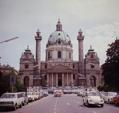 Ausztria, Bécs, Karlsplatz, Karlskirche (Károly templom)., 1968, Inkey Tibor, színes, Volkswagen-márka, Volkswagen Bogár, Fortepan #120805