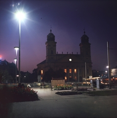 Hungary, Debrecen, Kossuth tér, Kossuth-szoborcsoport és a Református Nagytemplom., 1975, Inkey Tibor, church, colorful, Fortepan #120822