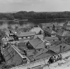 Magyarország, Szentendre, Szamár-hegy, kilátás a Szerb (Tobakos) kereszttől a Duna, a Szigetmonostor - Szentendre közötti rév felé. Előtérben a Bogdányi út (Vöröshadsereg utca) házai., 1961, Inkey Tibor, Fortepan #120830