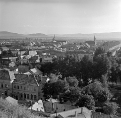 Hungary, Esztergom, kilátás a várból, jobbra a Szent Péter és Pál-templom és a Kis-Duna., 1957, Inkey Tibor, picture, roof, photo aspect ratio: square, Fortepan #120859