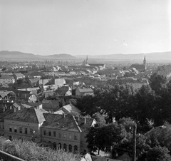 Hungary, Esztergom, kilátás a várból, jobbra a Szent Péter és Pál-templom és a Kis-Duna-partján húzódó fasor., 1957, Inkey Tibor, picture, roof, Fortepan #120861