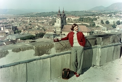 Magyarország, Eger, látkép a Líceum teraszáról, háttérben a Minorita templom a Dobó István (Kossuth) téren., 1955, Inkey Tibor, templom, színes, barokk-stílus, katolikus, Ferences rend, rokokó stílus, Fortepan #120990