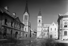 Magyarország, Veszprém, Vár, Szentháromság tér. Balra a Szent István ferences templom, jobbra a Szentháromság-szobor mögött a Szent Mihály-székesegyház., 1964, Inkey Tibor, templom, szentháromság szobor, székesegyház, Fortepan #121026