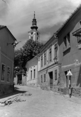 Hungary, Szentendre, Alkotmány utca, szemben a Belgrád székesegyház (Görögkeleti Püspöki Főszékesegyház) kertkapuja és tornya látszik., 1962, Inkey Tibor, Fortepan #121039