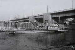 Magyarország, Óbuda, Budapest III., Óbudai Hajógyár, Hajógyári-öböl, háttérben az Árpád (Sztálin) híd. Szovjet jóvátételre gyártott Novoszibirszk 400 LE-s vontató gőzhajó. Leltári jelzet: MMKM TFGY 2017.2.718., 1951, Magyar Műszaki és Közlekedési Múzeum / Történeti Fényképek Gyűjteménye / Óbudai Hajógyár gyűjteménye, Budapest, cirill írás, Bakony-hajó, Fortepan #122361