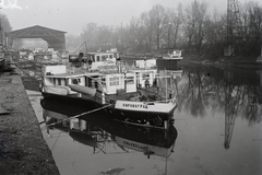 Magyarország, Óbuda, Budapest III., Óbudai Hajógyár, Hajógyári-öböl, Kirovograd szovjet vontató gőzhajó, háttérben a hajóvédő csarnok. Leltári jelzet: MMKM TFGY 2017.2.727., 1951, Magyar Műszaki és Közlekedési Múzeum / Történeti Fényképek Gyűjteménye / Óbudai Hajógyár gyűjteménye, Budapest, cirill írás, Bakony-hajó, Fortepan #122368