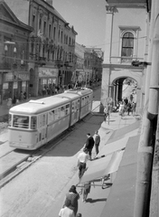 Hungary, Miskolc, Széchenyi utca a Miskolci Nemzeti Színház kiugró épületével., 1966, Fortepan, national theater, street view, theater, tram, Classicism, Bengali tramway, Giuseppe Cassano-design, Fortepan #1230