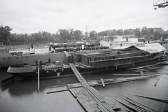 Magyarország, Budapest XIII., Újpesti-öböl, Ganz és Tsa. Villamossági-, Gép-, Waggon- és Hajógyár Rt. Az MFTR Verecke (1939) oldalkerekes gőzhajó építése. Háttérben a DTRT Kassa (1939) Duna-tengerjáró áruszállító hajó. Leltári jelzet: MMKM TFGY 2017.1.414., 1939, Magyar Műszaki és Közlekedési Múzeum / Történeti Fényképek Gyűjteménye / Ganz gyűjtemény, Budapest, Fortepan #123221