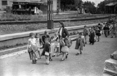 Magyarország, Budapest XII., Karthauzi utca, háttérben a Fogaskerekű Svábhegy megállója., 1951, Hámori Gyula, gyerekek, Budapest, kézenfogva, séta, Fortepan #123292