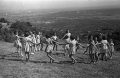 Magyarország, Széchenyihegy, Budapest XII., rét a Kalóz út környékén., 1954, Hámori Gyula, gyerekek, Budapest, lányok, madártávlat, hegyoldal, körtánc, játék, Fortepan #123812