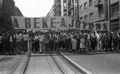 Magyarország, Budapest II., Margit körút (Mártírok útja), békedemonstráció résztvevői a Keleti Károly utcánál., 1983, Urbán Tamás, villamos, sínpálya, Budapest, Lakástextil, Fortepan #125227