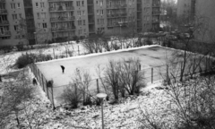 Magyarország, Budapest XVI., kilátás a Szalmarózsa utcai sorház egyik ablakából, a Tavirózsa 3-5. számú ház és a Nefelejcs uta melletti parkoló felé., 1984, Urbán Tamás, korcsolyázás, Budapest, Fortepan #125582