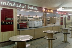 1970, Bauer Sándor, colorful, wood panelling, neon sign, coffee machine, Casino coffee machine, Fortepan #126297