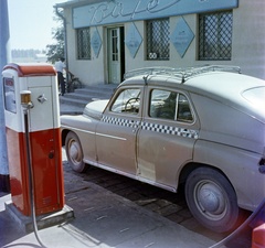 1963, Bauer Sándor, színes, taxi, benzinkút, FSO-márka, FSO Warszawa, büfé, Fortepan #126341