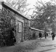 Magyarország, Budapest II., Margit körút (Mártírok útja) a Bakfark Bálint (Ipari tanuló) utcától a Széna tér felé nézve, emléktábla a budai Alsóváros védelmére emelt középkori városfal maradványán., 1969, Bauer Sándor, Budapest, városfal, Fortepan #126383