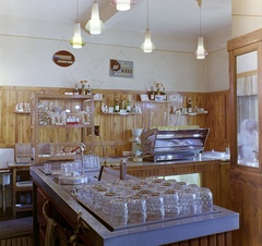 1962, Bauer Sándor, colorful, jar, taproom, beer tap, beer mug, coffee machine, pub, counter, beer gun, Fortepan #126450