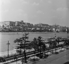 Magyarország, Budapest V., kilátás a Duna szálló erkélyéről a budai Vár felé., 1958, Bauer Sándor, Budapest, látkép, képarány: négyzetes, palota, Szabadság/Zsófia/Zsófia herczegnő hajó, Fortepan #126703