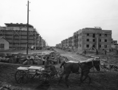 Magyarország, Dunaújváros, (Dunapentele), Május 1. utca az Építők útja felől nézve., 1950, Bauer Sándor, lovaskocsi, építkezés, Fortepan #126932