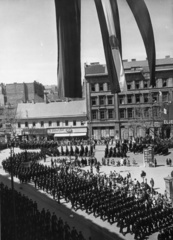 Magyarország, Budapest V.,Budapest VI., Andrássy út (Sztálin út) - Bajcsy-Zsilinszky út találkozása., 1953, Bauer Sándor, felvonulás, Budapest, Fortepan #126950