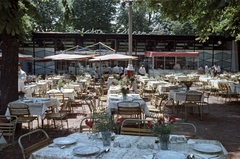 Magyarország, Városliget,Budapesti Nemzetközi Vásár, Budapest XIV., a Balaton étterem kerthelyisége., 1963, Bauer Sándor, színes, kerthelyiség, neon felirat, Budapest, Fortepan #127111