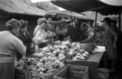 Magyarország, Budapest VIII., piac a Kerepesi út - Hungária körút kereszteződésnél. Háttérben a Szörény utca - Százados út sarkán álló Szász Ferenc Kereskedelmi Szakközépiskola udvar felőli részlete., 1969, Bauer Sándor, piac, Budapest, zöldséges, zöldség, saláta, Fortepan #128439