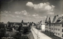 Magyarország, Budapest XIX., Wekerletelep, Kós Károly (Fő) tér, jobbra a Pannónia út, távolabb a Mészáros Lőrinc utca (Kálmán király út) torkolata., 1928, Gali, Budapest, Kós Károly-terv, Fortepan #128995