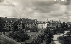 Magyarország, Budapest XIX., Wekerletelep, Kós Károly (Fő) tér, szemben a Pannónia út, távolabb a Mészáros Lőrinc utca (Kálmán király út) torkolata., 1928, Gali, Budapest, Kós Károly-terv, Fortepan #128996