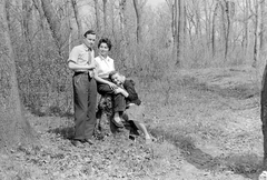 1958, Szent-tamási Mihály, excursion, tree stump, posture, three people, Fortepan #12903