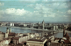 Hungary, Budapest V.,Budapest I., kilátás a Halászbástyáról a Parlament és a Kossuth híd felé., 1956, Heinzely Béla, Kossuth-bridge, colorful, picture, Budapest, Fortepan #129205