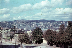 Magyarország, budai Vár, Budapest I., az Ostrom utca és a Fiáth János utca találkozása a Bécsi kapu tetejéről nézve. A mai Millenáris helyén még jól látszanak a Ganz Villamossági Művek épületei., 1955, Heinzely Béla, Budapest, látkép, színes, Fortepan #129242