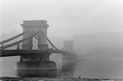 Magyarország, Budapest, Széchenyi Lánchíd., 1957, Szent-tamási Mihály, híd, Duna, köd, függőhíd, William Tierney Clark-terv, Fortepan #12940