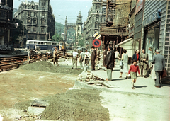 Magyarország, Budapest V., Kossuth Lajos utca a Városház utca saroktól a Ferenciek tere (Felszabadulás tér) felé nézve., 1955, Horváth Miklós dr, színes, autóbusz, építkezés, villamos, Budapest, Fortepan #129426