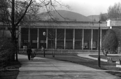 Magyarország, Margitsziget, Budapest, a Palatinus Strandfürdő bejárata., 1957, Horváth Miklós dr, középület, főbejárat, oszlopsor, Fortepan #129481