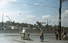 Magyarország, Budapest IV., Váci út, szemben Újpesti-öböl és a Népszigeten a MAHART hajójavító., 1963, Horváth Miklós dr, színes, hajógyártás, Budapest, kerékpár, tricikli, mozgóárus, Fortepan #129517